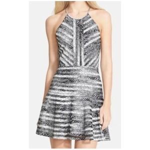 Parker Black White Geometric Print Halter Neck‎ Fit Flare Mini Dress Size S